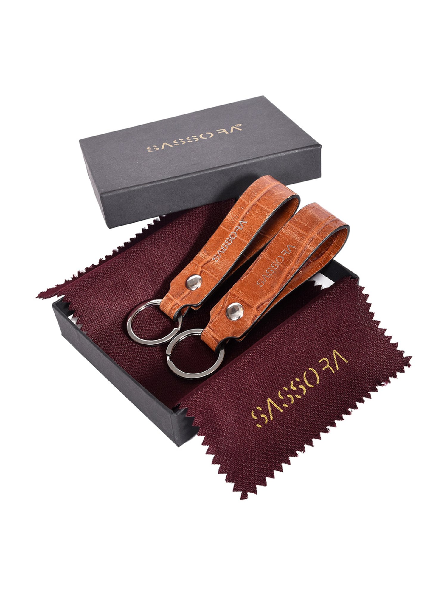 SASSORA Tan Leather Keychain Key Ring Holders Anniversary Gift, Birthday Gift - Pack of 2