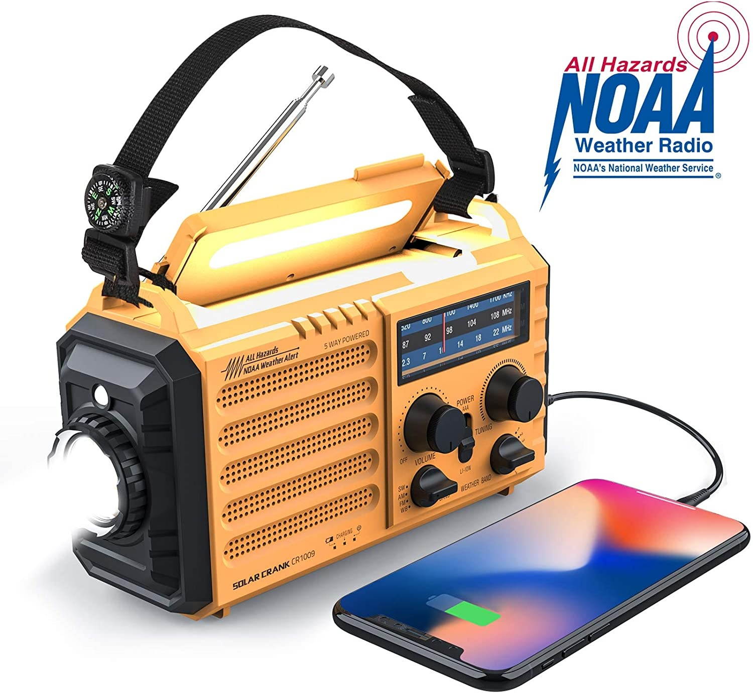 Weather Radio Raynic Solar Hand Crank Emergency Radio 5 Ways Powered AM/FM/SW/NOAA Weather Alert Portable Radio with Flashlight, Reading Lamp, Cellphone Charger and SOS Alarm (Yellow)