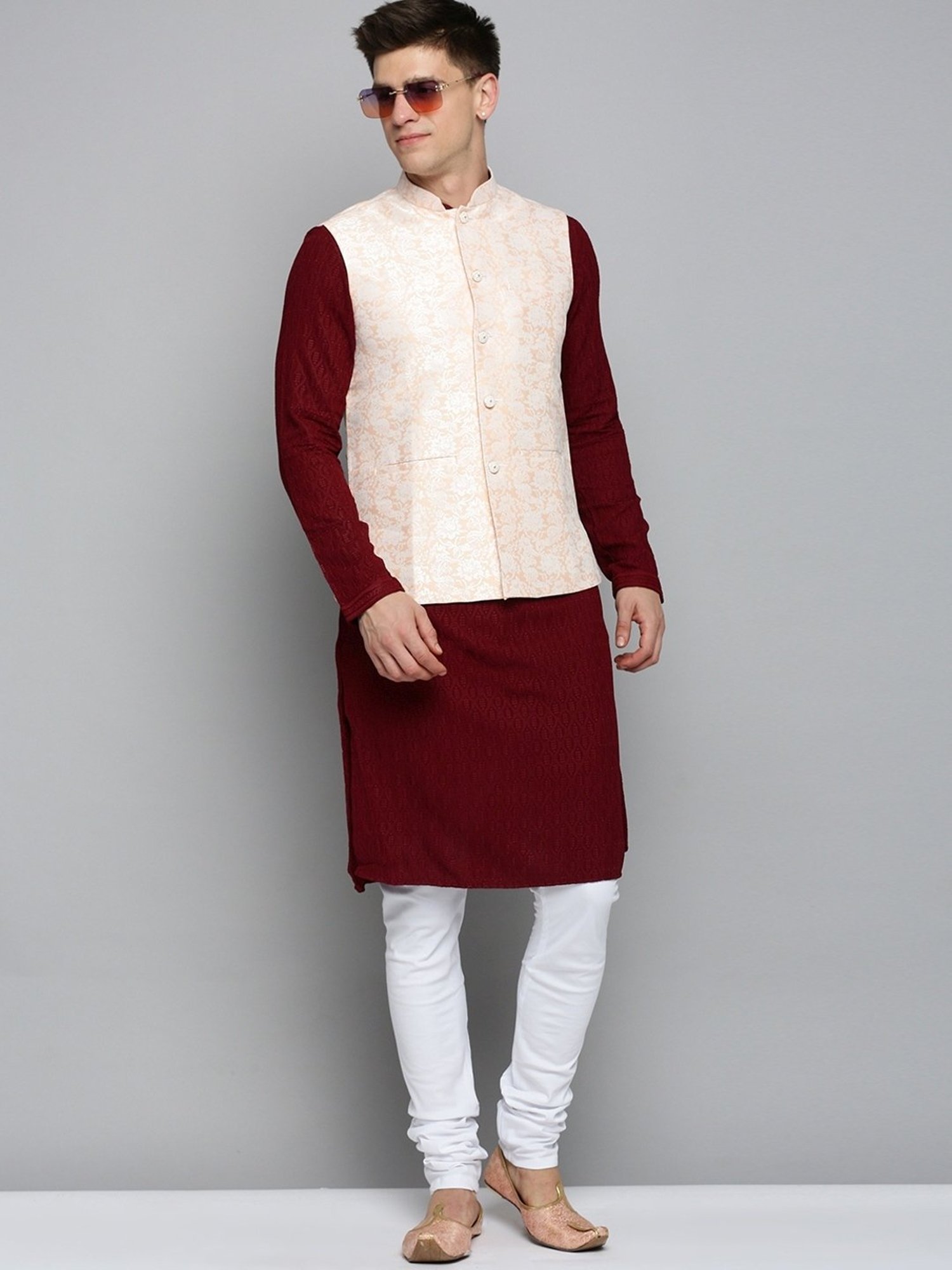 Showoff Peach Regular Fit Printed Nehru Jacket