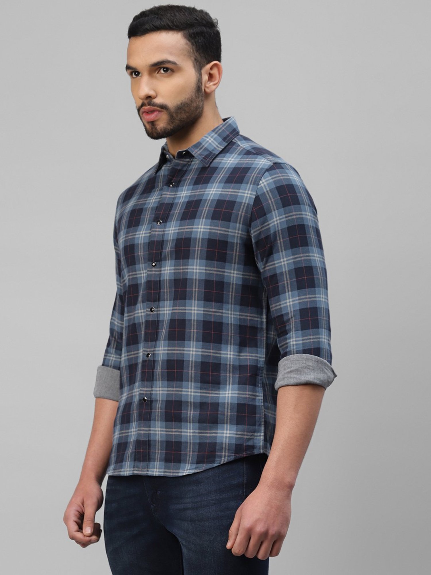 Royal Enfield Blue Slim Fit Check Reversible Shirt