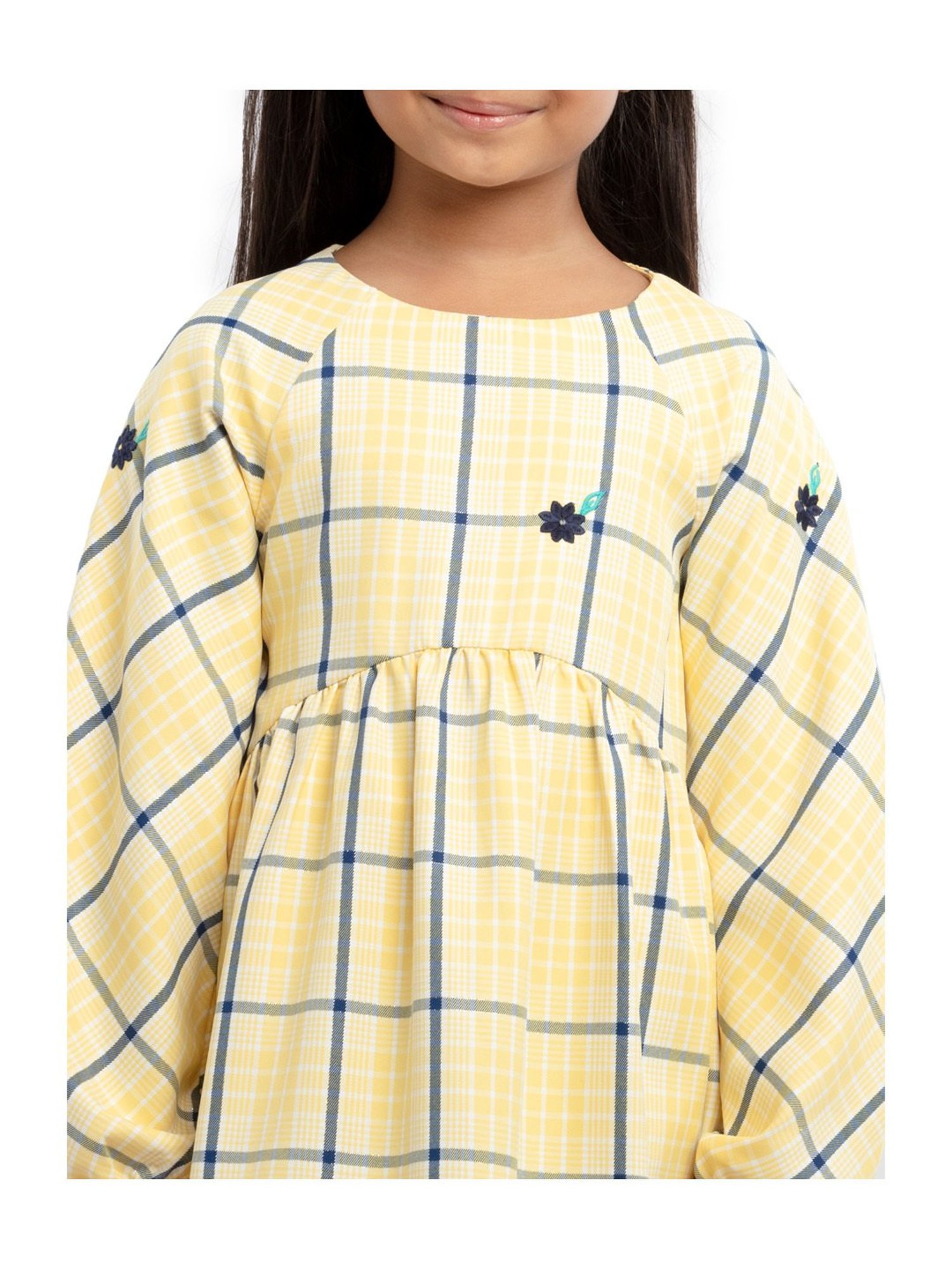 Under Fourteen Only Kids Yellow Cotton Chequered Full Sleeves Dress