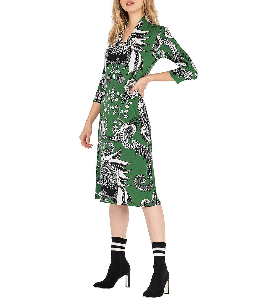Eva Varro Bandana Print V-Neck 3/4 Sleeve Jersey Knit A-Line Dress