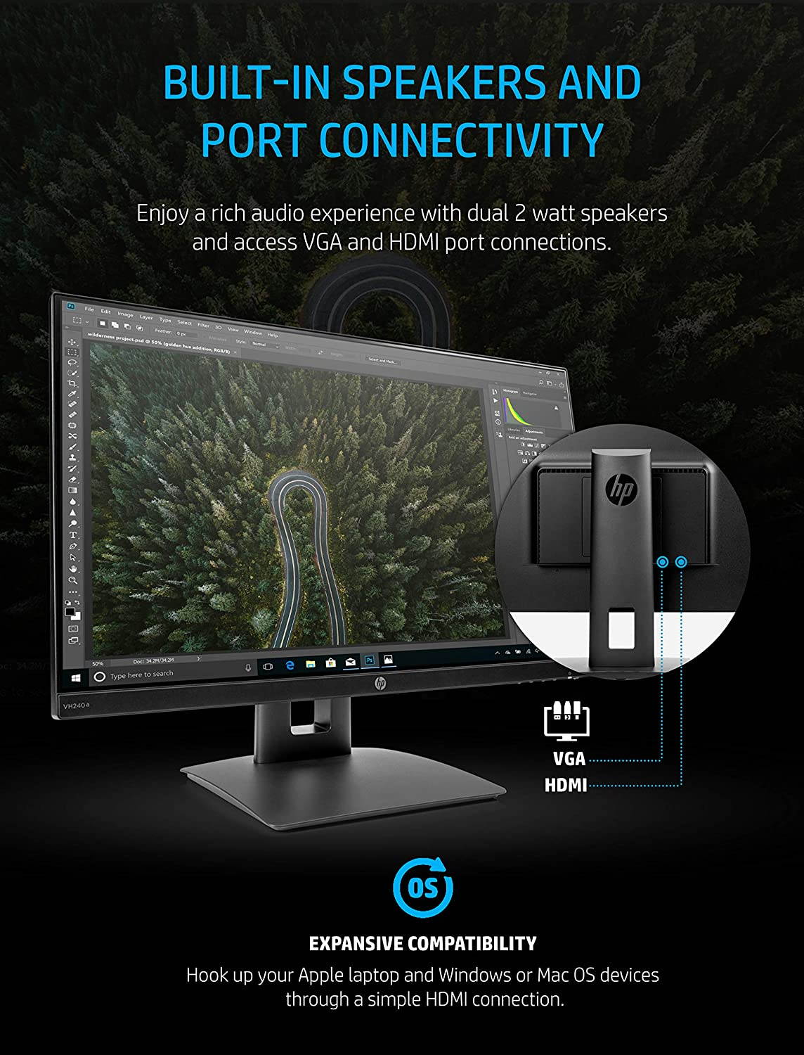 HP VH240a 23.8-inch Full HD 1080p IPS LED Monitor with Built-in Speakers and VESA Mounting, Rotating Portrait & Landscape, Tilt, and HDMI & VGA Ports (1KL30AA) - Black