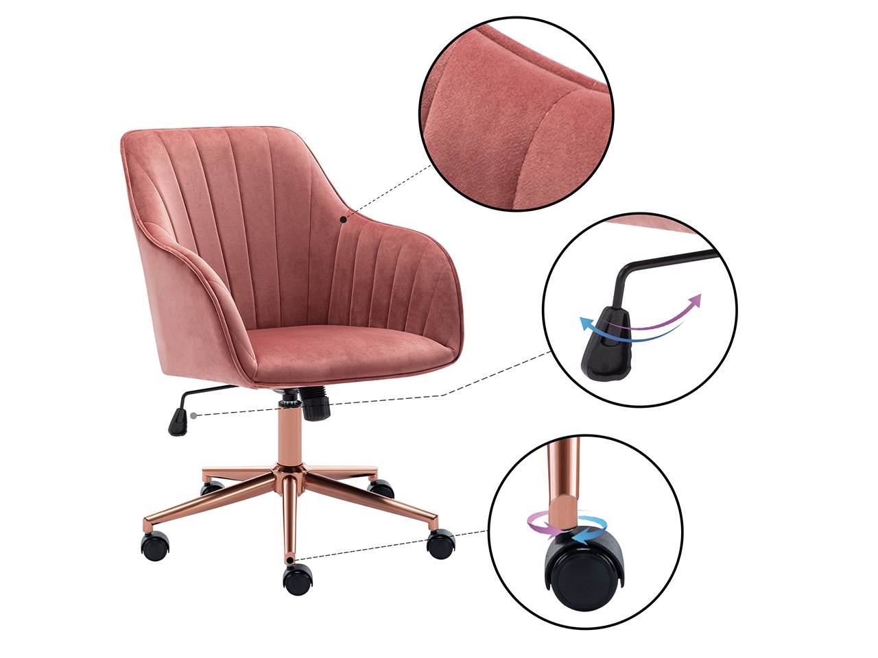 Swivel Height Adjustable Task Chair with Arms Velvet Upholstered Office Chair