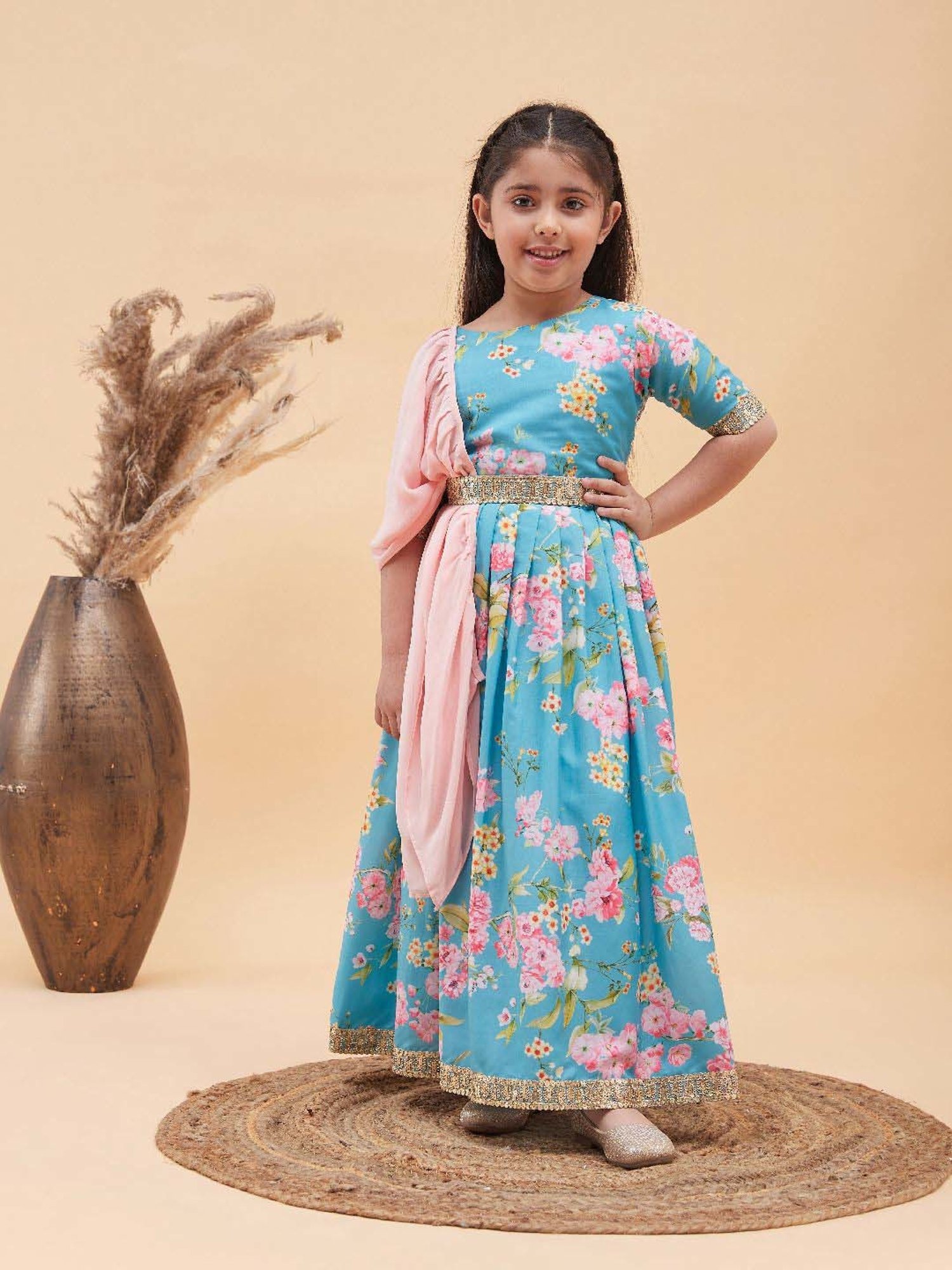 A Little Fable Kids Blue Printed Lehenga with Choli & Dupatta