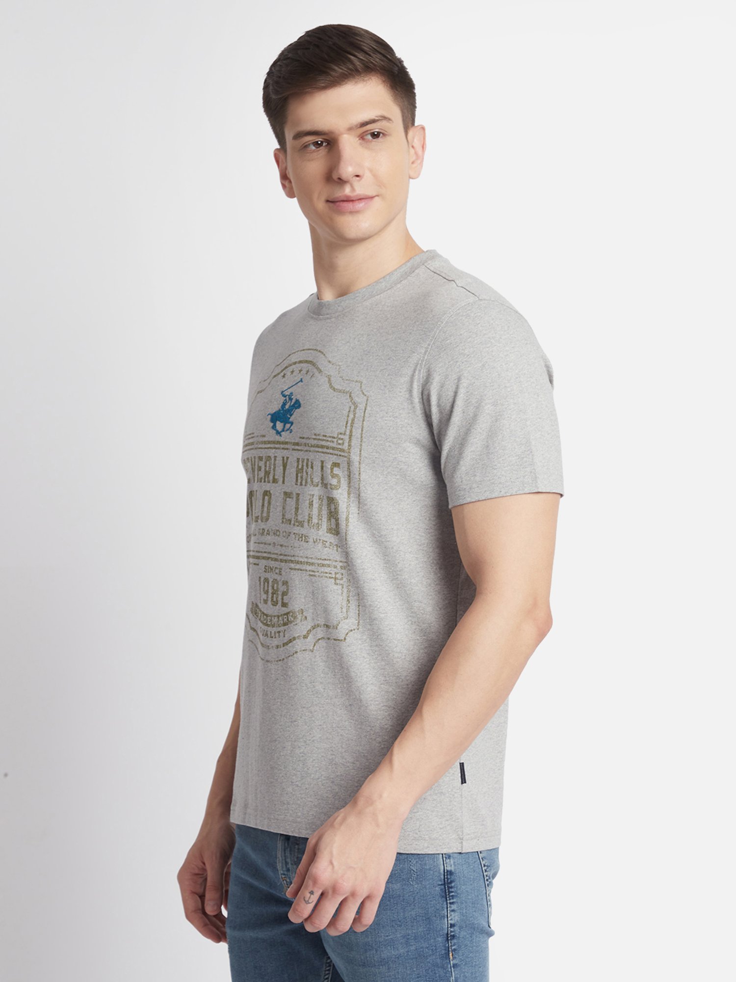 Beverly Hills Polo Club Grey Melange Regular Fit Pure Cotton Crew T-Shirt