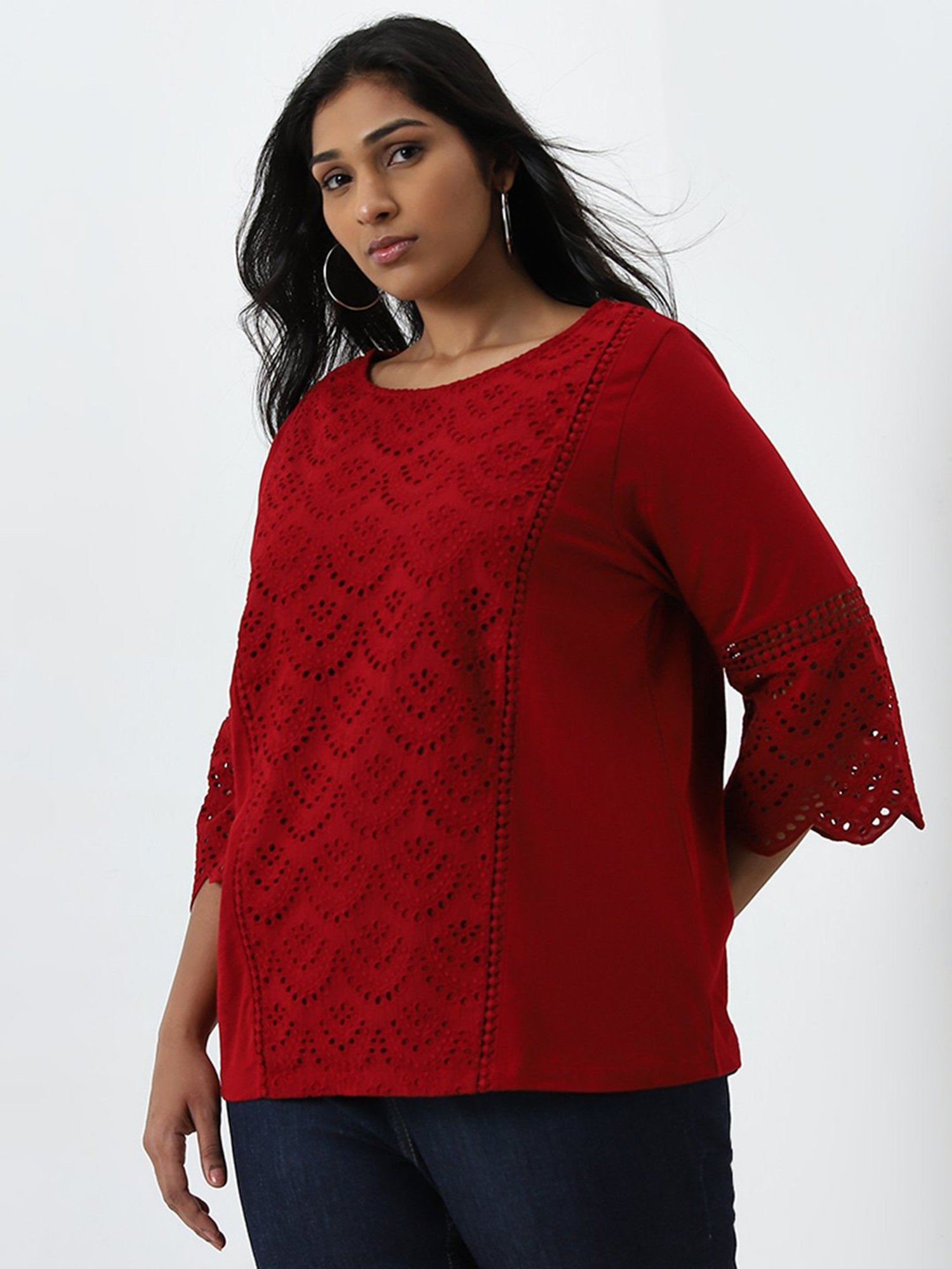 Gia by Westside Red Schiffli Design Cotton Blouse