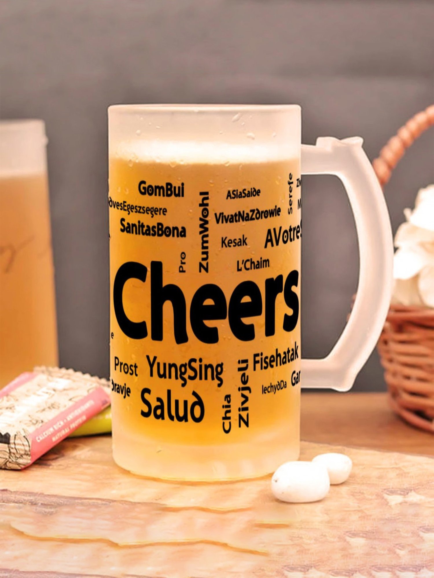 Gathari Printed White Glass Beer Mug