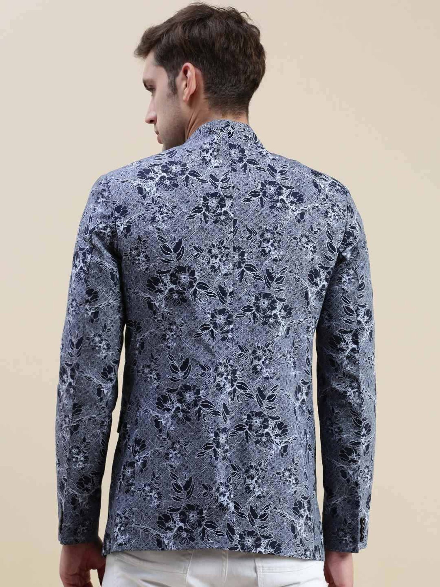 SHOWOFF Grey Cotton Slim Fit Printed Blazer