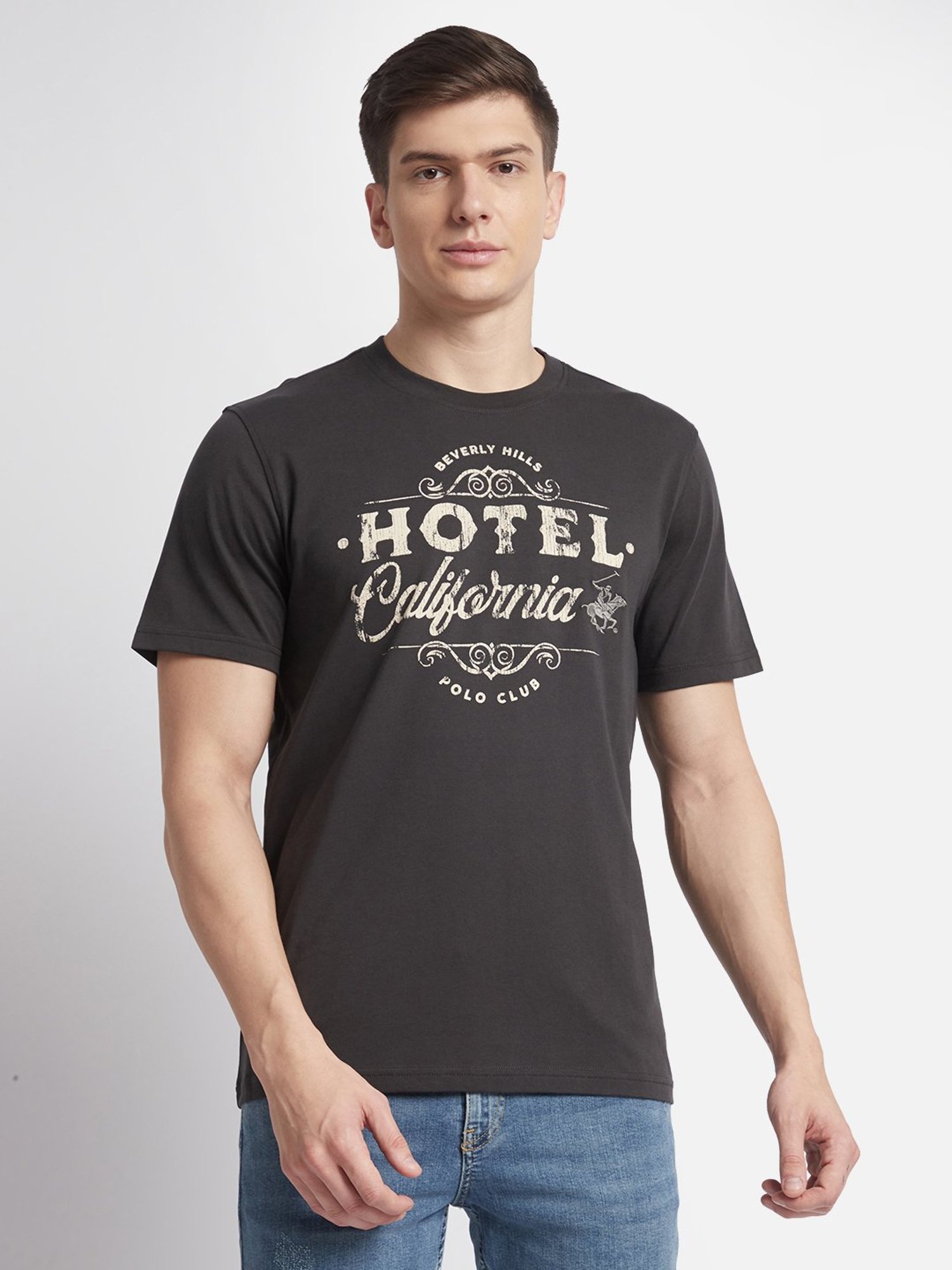 Beverly Hills Polo Club Black Regular Fit Pure Cotton Crew T-Shirt