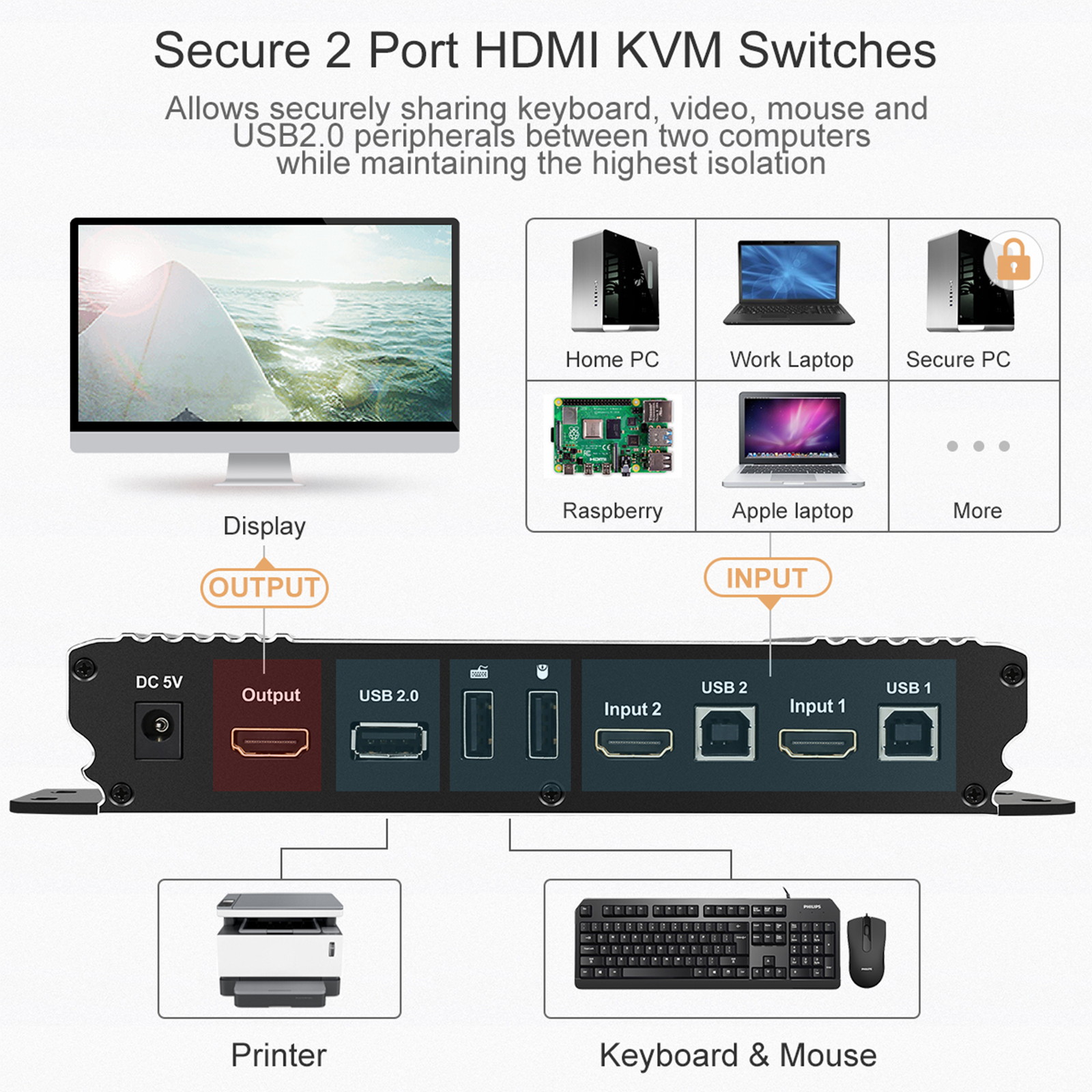 TESmart HDMI KVM Switch 2 Port 4K@60Hz Ultra HD 2x1 HDMI KVM Switcher with 2 Pcs 5ft KVM Cables Supports USB 2.0 Devices, Mechanical and Multimedia Keyboard and Mouse Pass Through Control up to 2 PCs