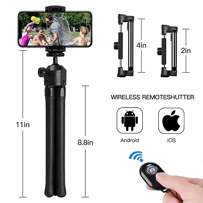 Phone Tripod Stand,  Flexible Cell Phone Selfie Stick Tripod with Wireless Remote Control Camera Tripod Stand Holder Mount and Phone Clip for iPhone, Android Phone, DSLR Sports Camera