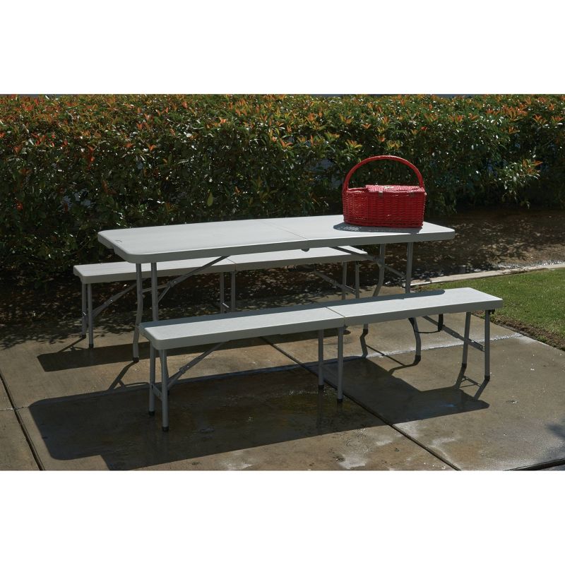 3pc Folding Table and Bench Set Light Gray - OSP Home Furnishings
