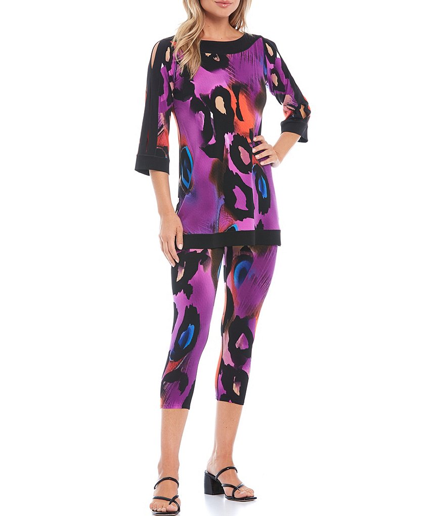 Eva Varro Animal Print Knit Jersey 3/4 Slit Sleeve Tunic