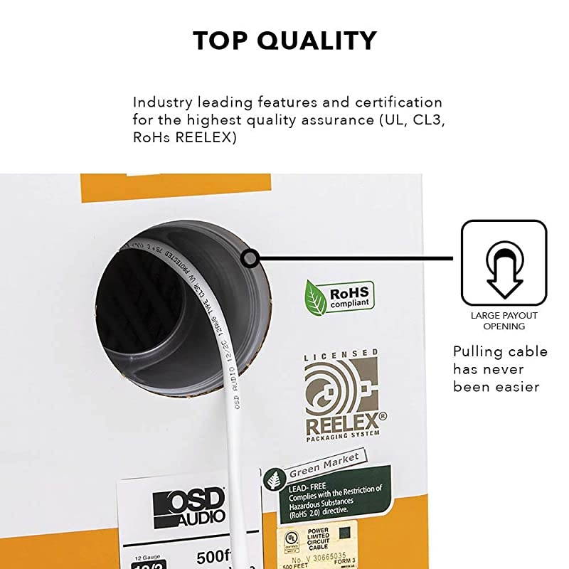 Professional Grade 12 Gauge 2Conductor Pure Copper IndoorOutdoor Speaker Cable OxygenFree Rated for Inwall and Direct Burial 500ft White