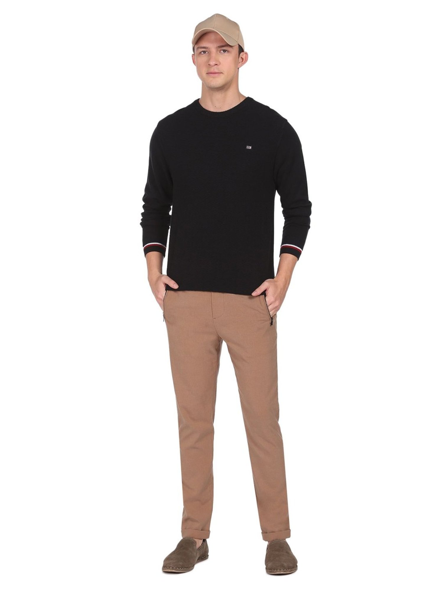 Arrow Sport Black Cotton Regular Fit Self Pattern Sweaters