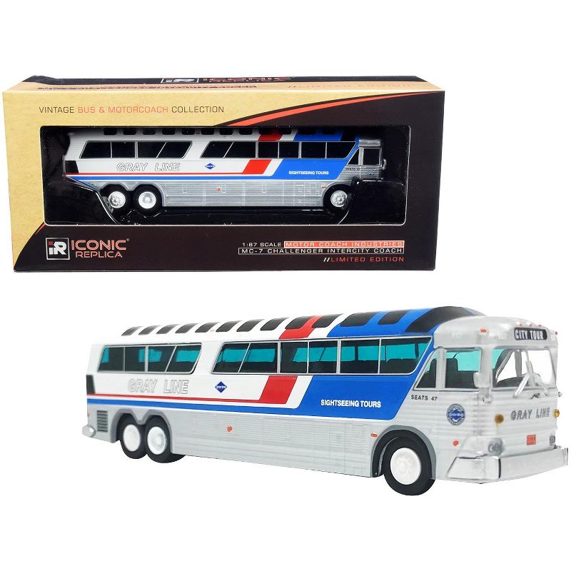 1970 MCI MC-7 Challenger Intercity Bus "City Tour" Sightseeing Tours "Gray Line" White & Silver 1/87 HO Diecast Iconic Replicas