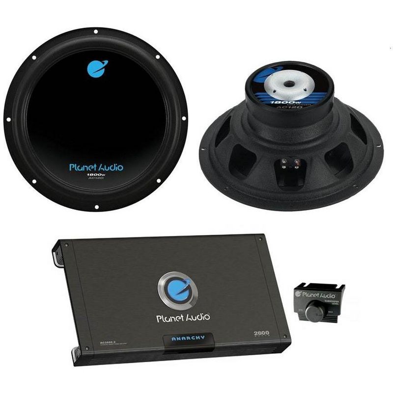 Planet Audio AC12D 12 inch 3600 Watt Subwoofers 2 Pack and 2600 Watt 2 Channel Amplifier 1 Pack and 8 Gauge Complete Amplifier Installation Kit