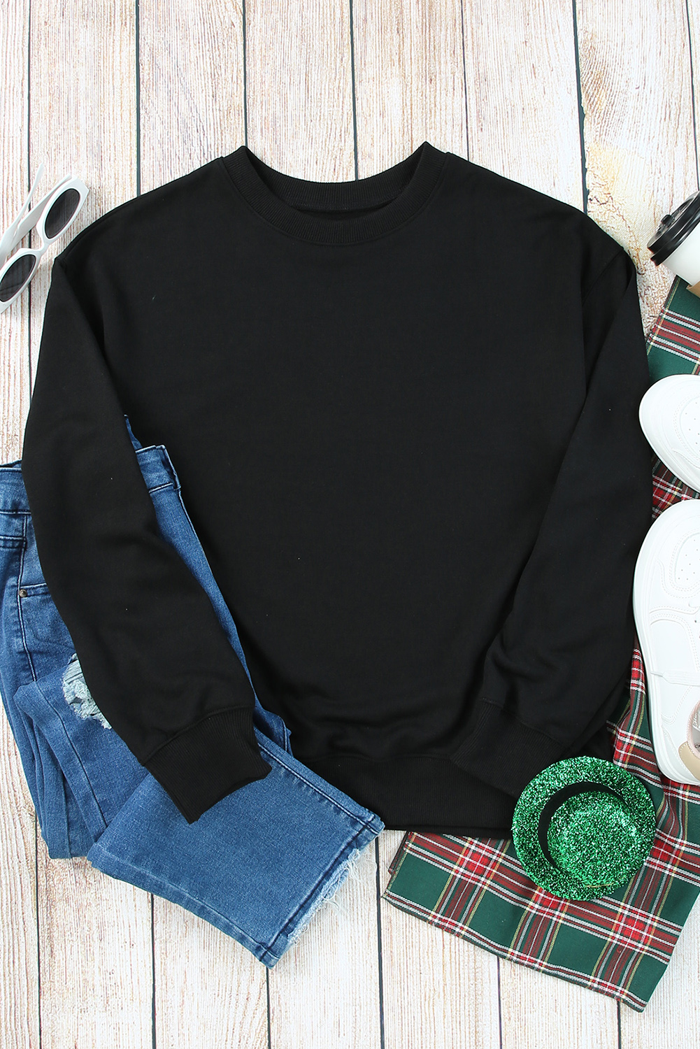 Blank Sweatshirt - Black Plaid Leopard Print Patchwork Long Sleeve Top Customized