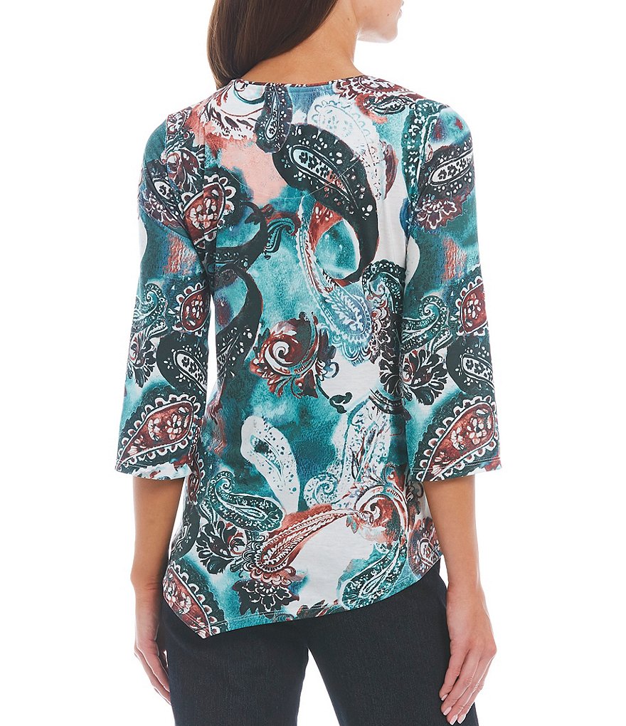 Allison Daley Knit Watercolor Paisley 3/4 Sleeve Crew Neck Asymmetrical Hem Top