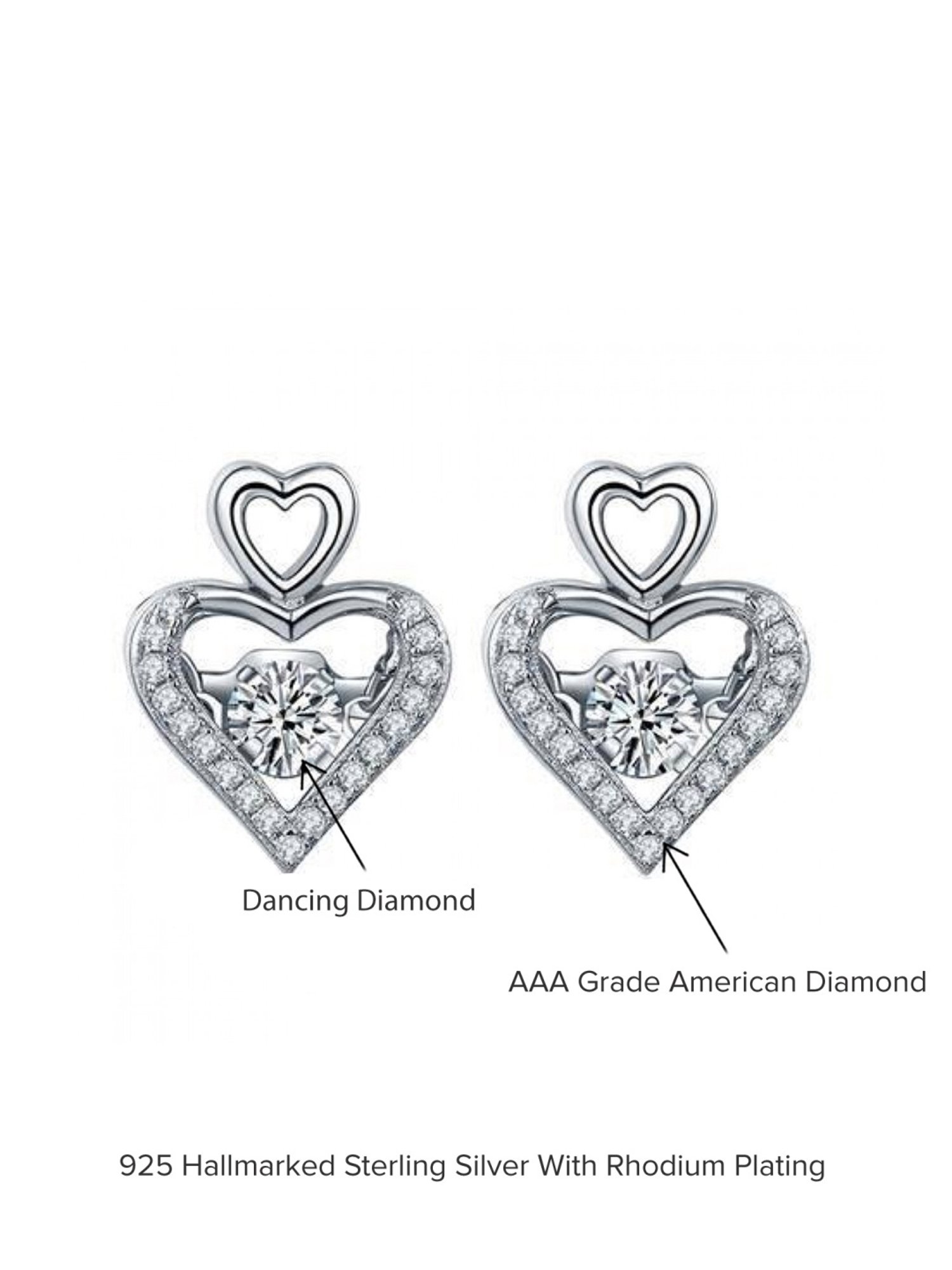 Ornate Jewels 925 Silver Dancing Stone American Diamond Heart Studs Earrings