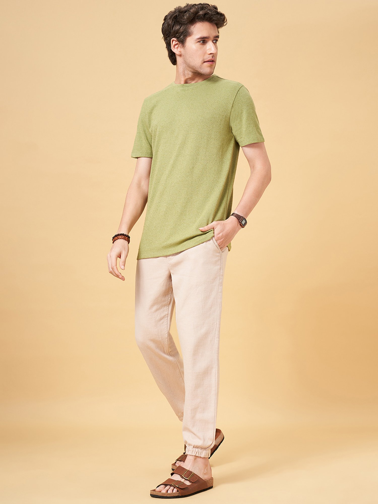 7 Alt by Pantaloons Sage Green Slim Fit Crew T-Shirt