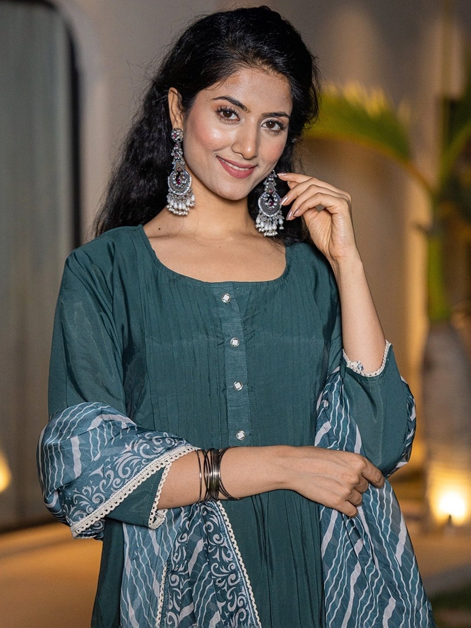 Yufta Teal Blue Cotton Embroidered Kurta Pant Set With Dupatta