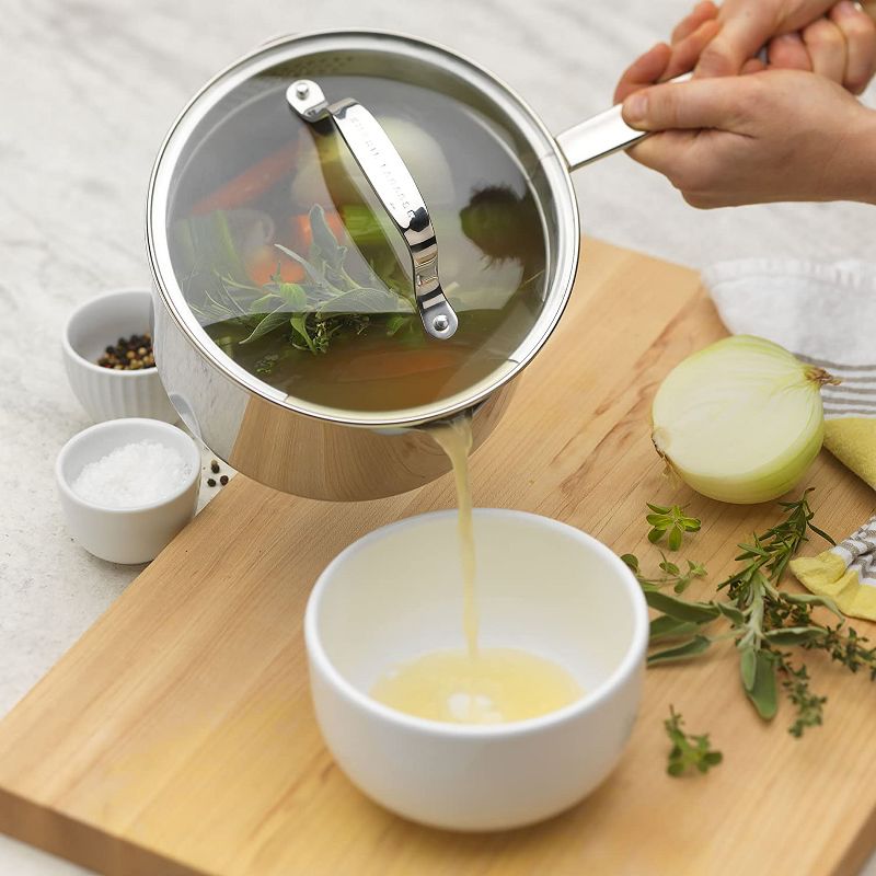 Emeril Lagasse Stainless Steel Versatile 3 Quart Cooking Sauce Pan with Easy Pour Spout and Convenient Straining Lid (2 Pack)