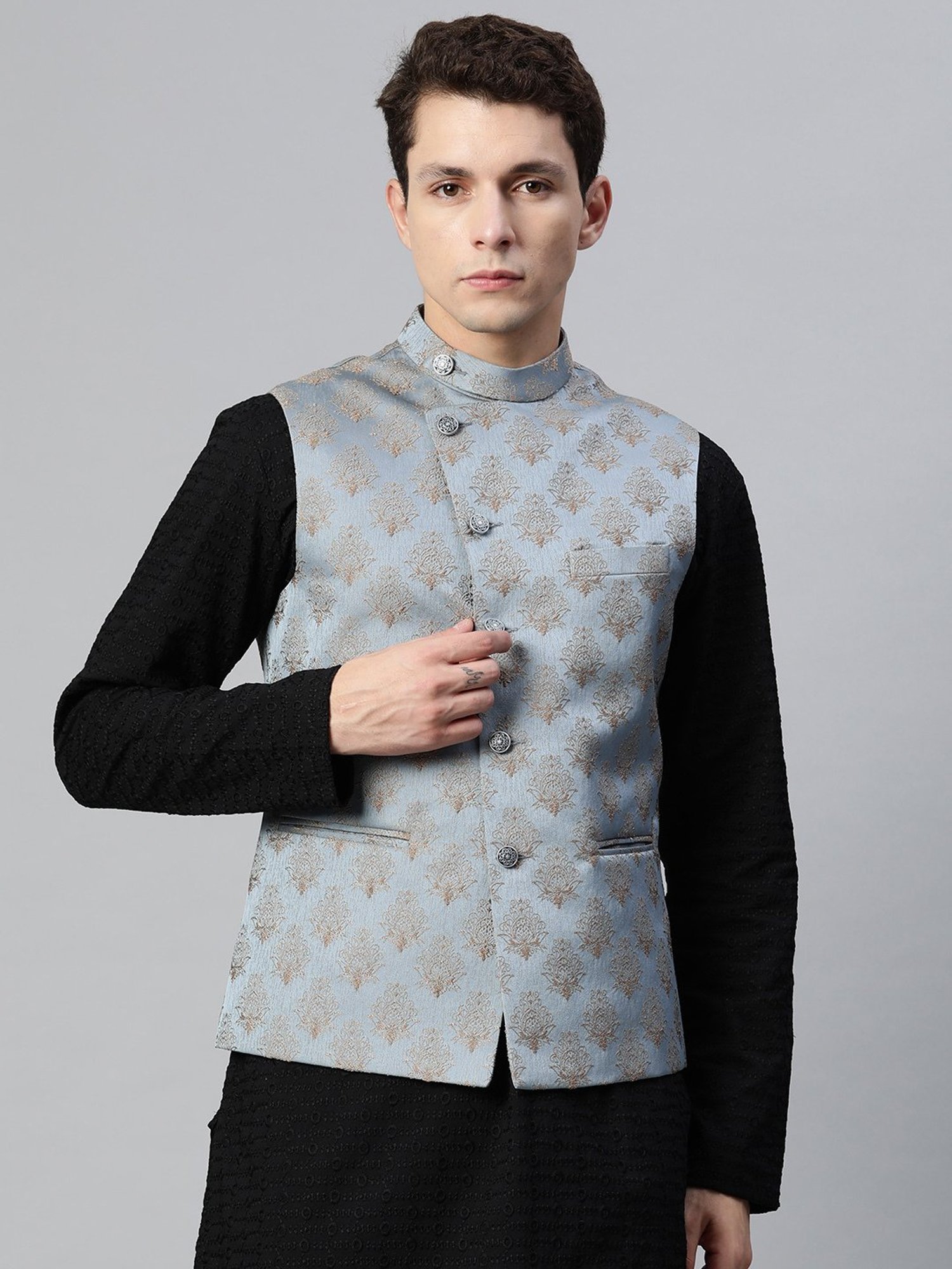 ManQ Blue Slim Fit Nehru Jacket