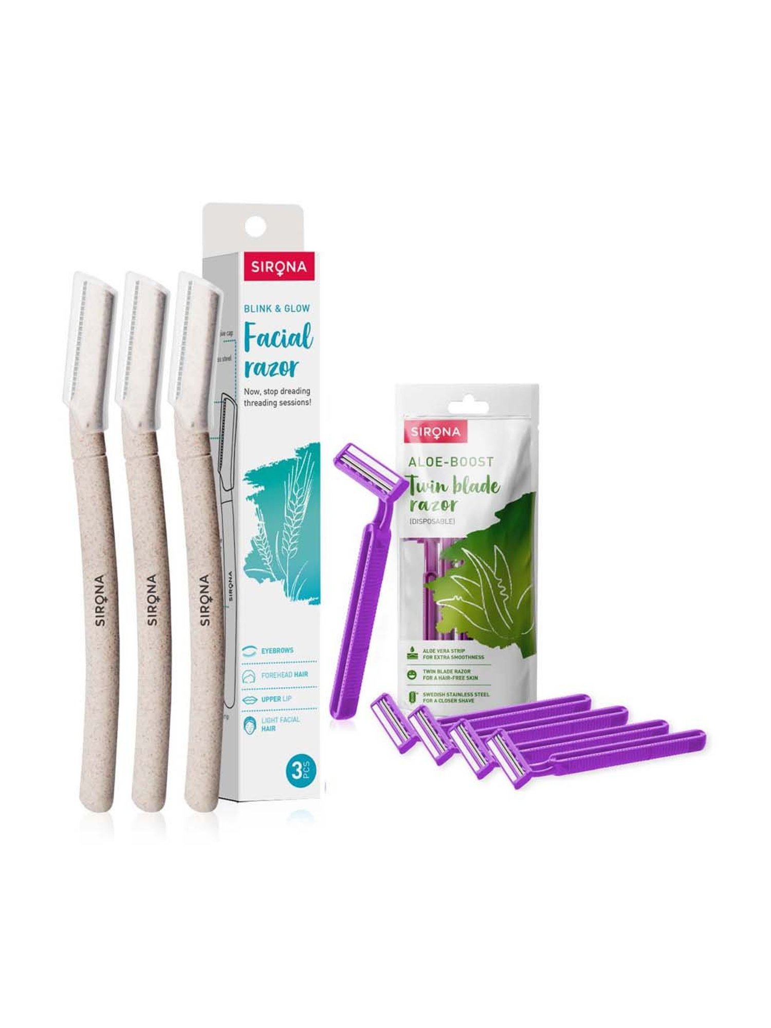 Sirona Reusable Eyebrow & Face Razor - 3 Pcs with Disposable Hair Removal Razor - 5 Pcs