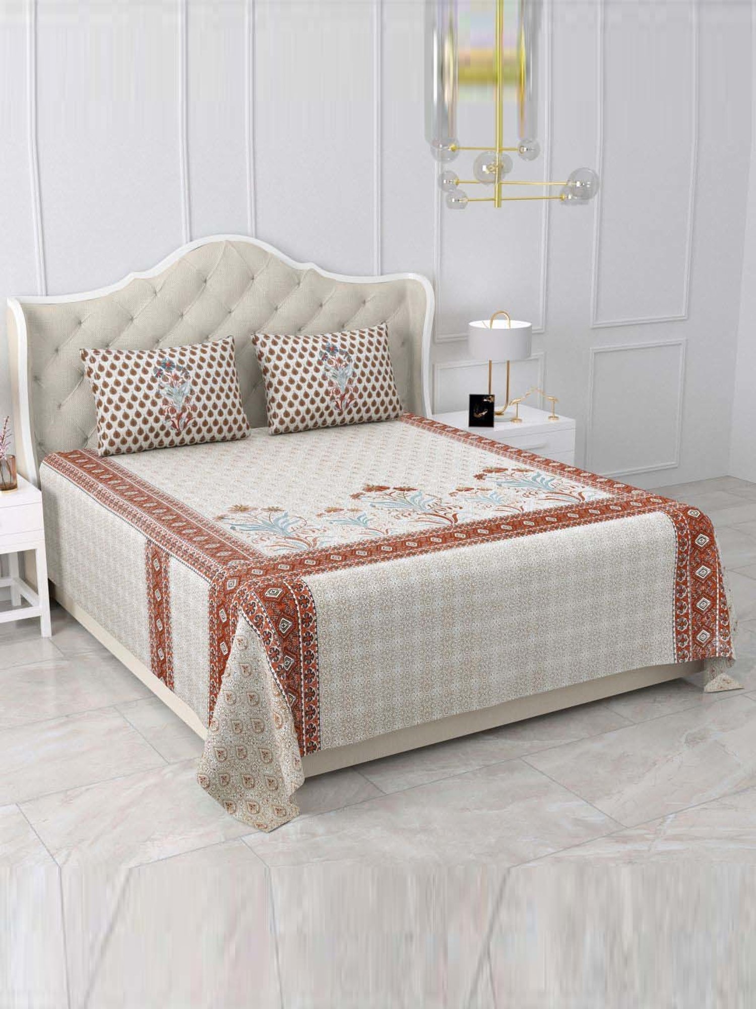 BELLA CASA Gulmohar Grey & Brown Cotton 450 TC King Bedsheet with 2 Pillow Covers