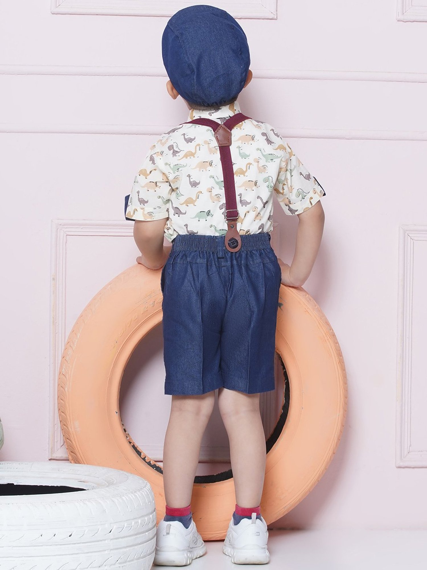 AJ Dezines Kids Green & Navy Printed Shirt, Shorts, Suspender, Bow with Cap