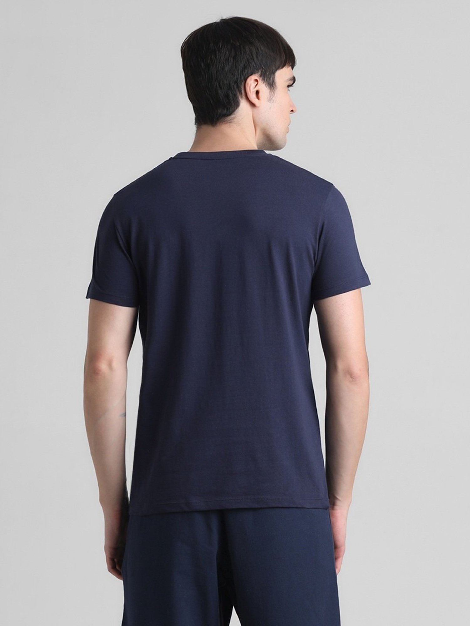 Jack & Jones Navy Blue Cotton Slim Fit Printed T-Shirt