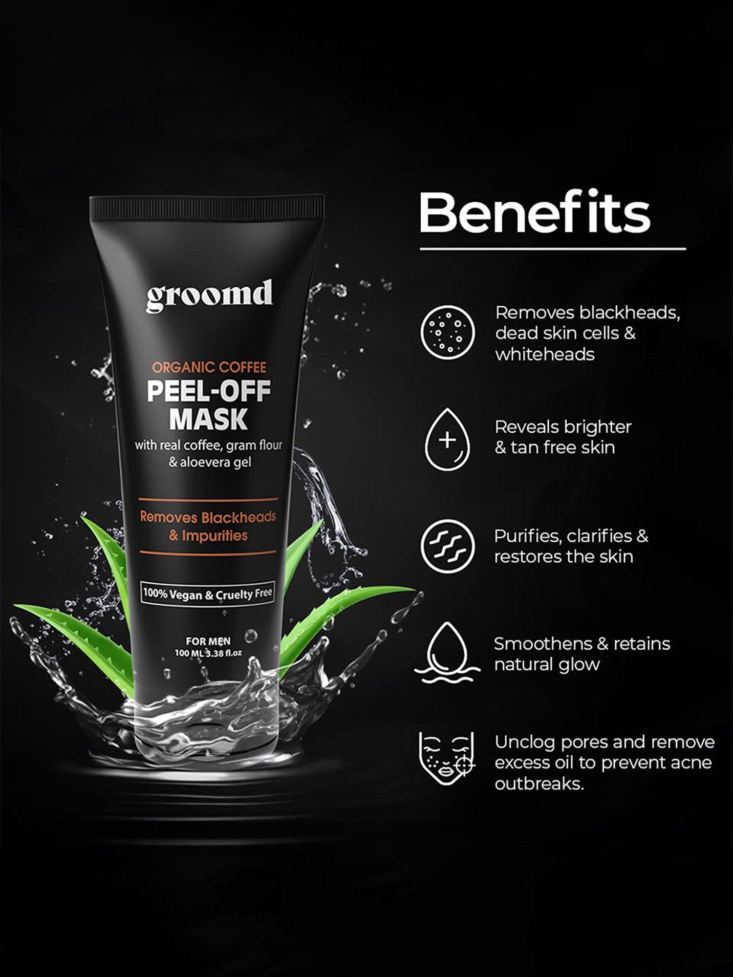 Groomd Coffee Peel-Off Mask with Real Coffee, Gram Flour & Aloe Vera - Removes Blackheads (100 ml)