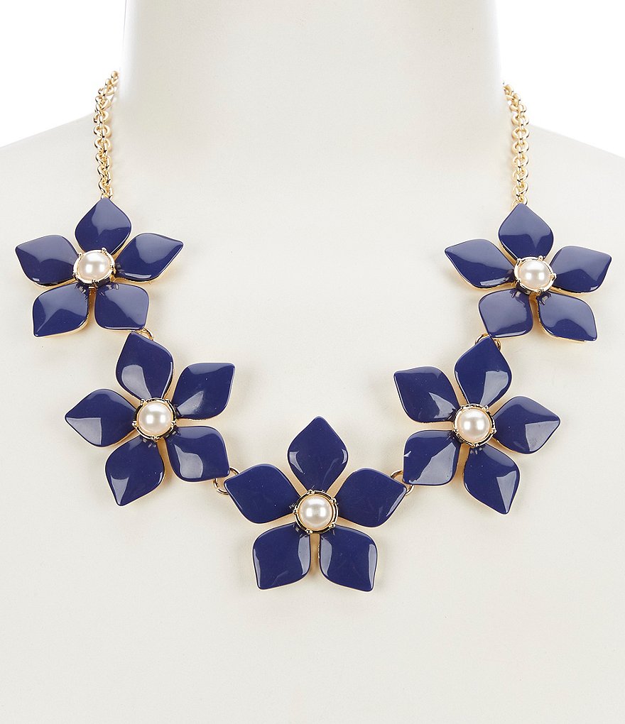 Enamel Navy Flower Pearl Frontal Necklace