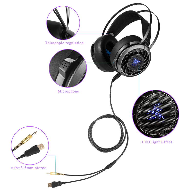 Funtech 3.5mm Stereo Gaming Headset Bass Headphones with Noise Isolation LED Light For Laptops PS4 Phone