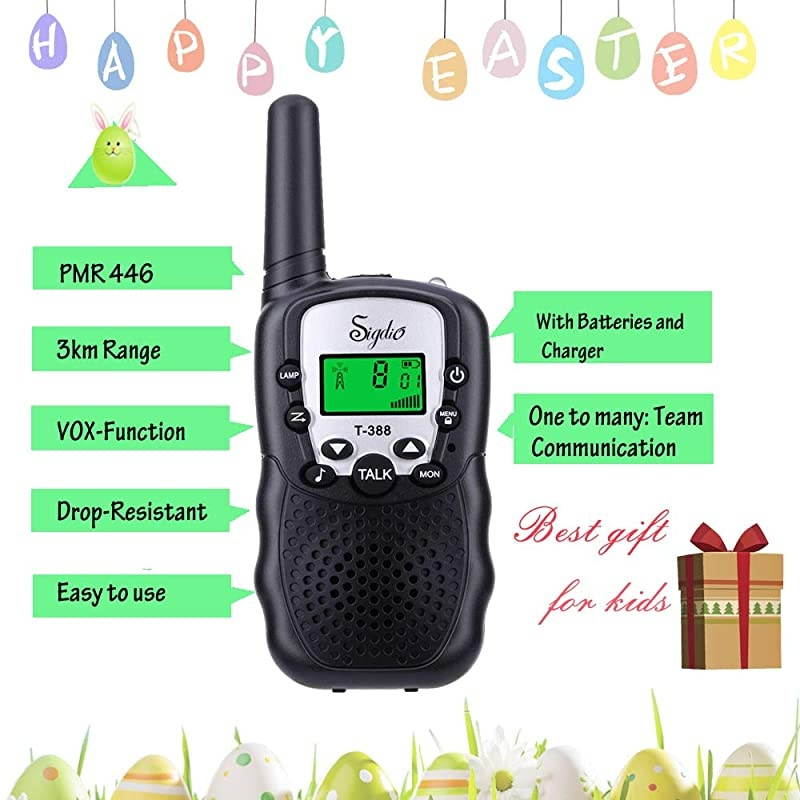 Kids Walkie Talkies Rechargeable Walky Talky 22CH FRS 2 Way Radio Kids Toy with MultiCharger Rechargeable Batteries VOX and Torch Black 8 rechargeable batteries