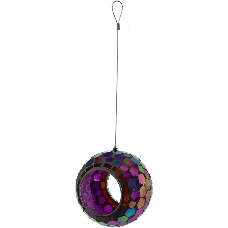 Sunnydaze Outdoor Garden Patio Round Glass with Mosaic Design Hanging Fly-Through Bird Feeder - 6" - Purple