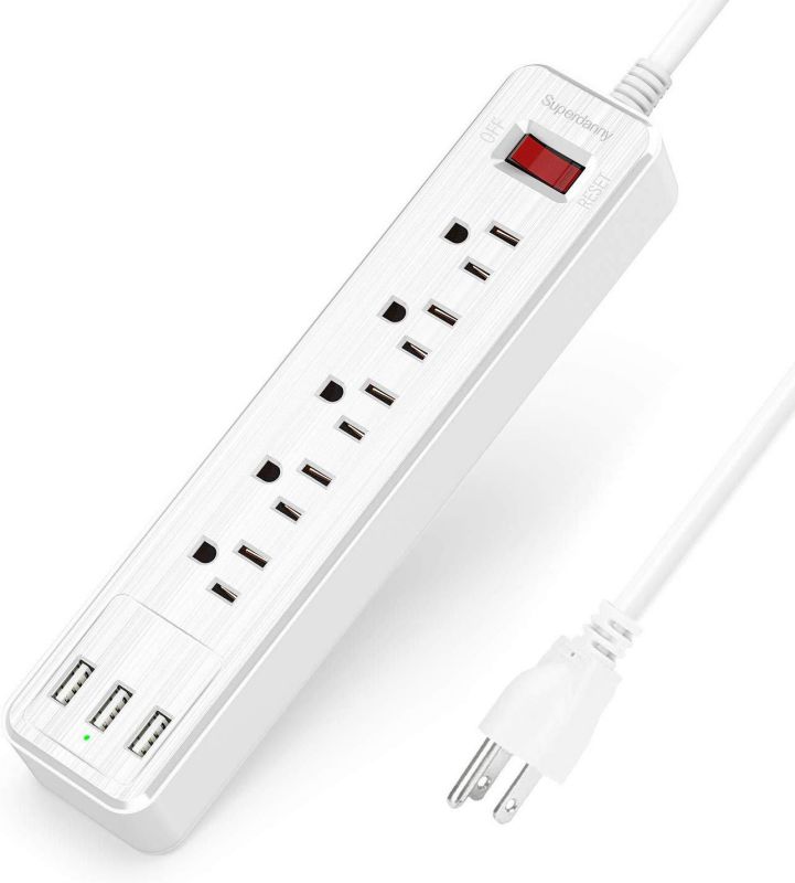 Mountable Surge Protector Power Strip with USB 5 Outlets 3 USB Ports 5ft Extension Cord with A Hook & Loop Fastener for iPhone iPad Tablet PC Home Office Travel White