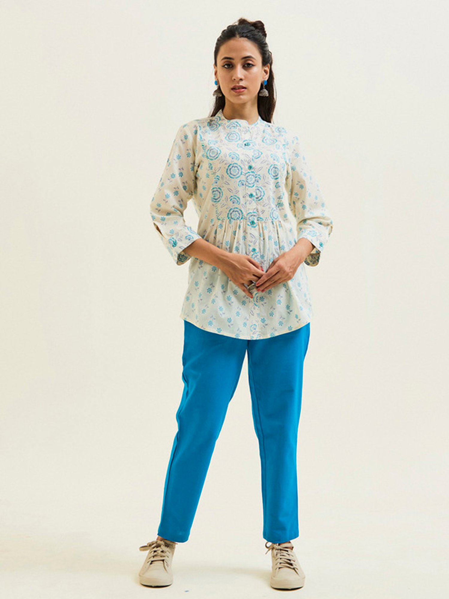 Jaipur Kurti Turquoise & Off White Cotton Floral Print Tunic