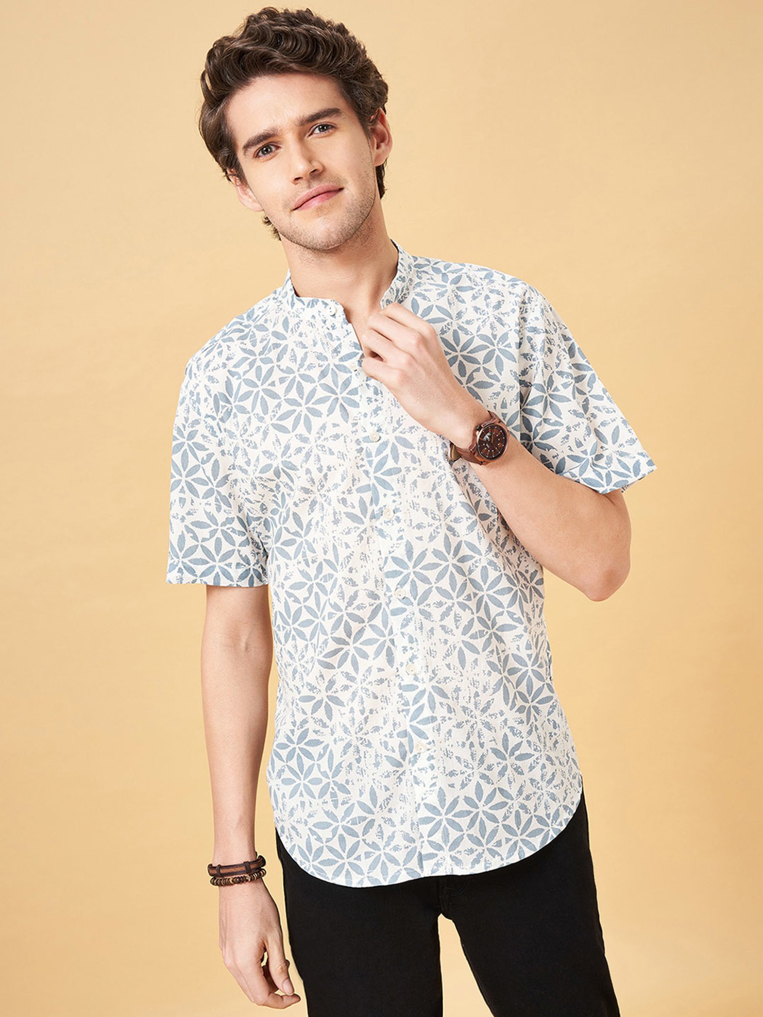 Indus Route by Pantaloons Powder Blue Regular Fit Printed Shirt
