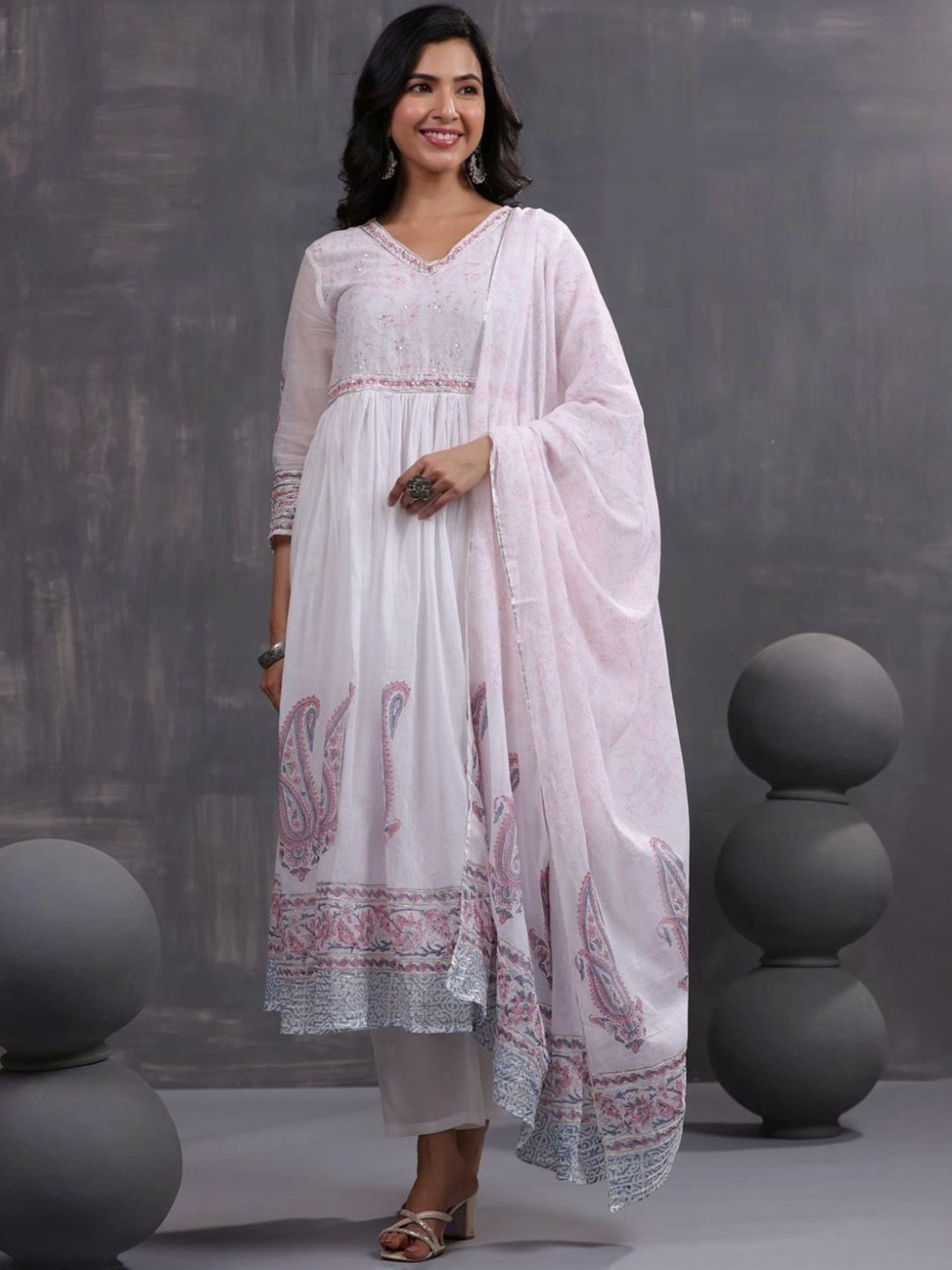 Scakhi White Hand-Block Printed Anarkali with Pant and Dupatta