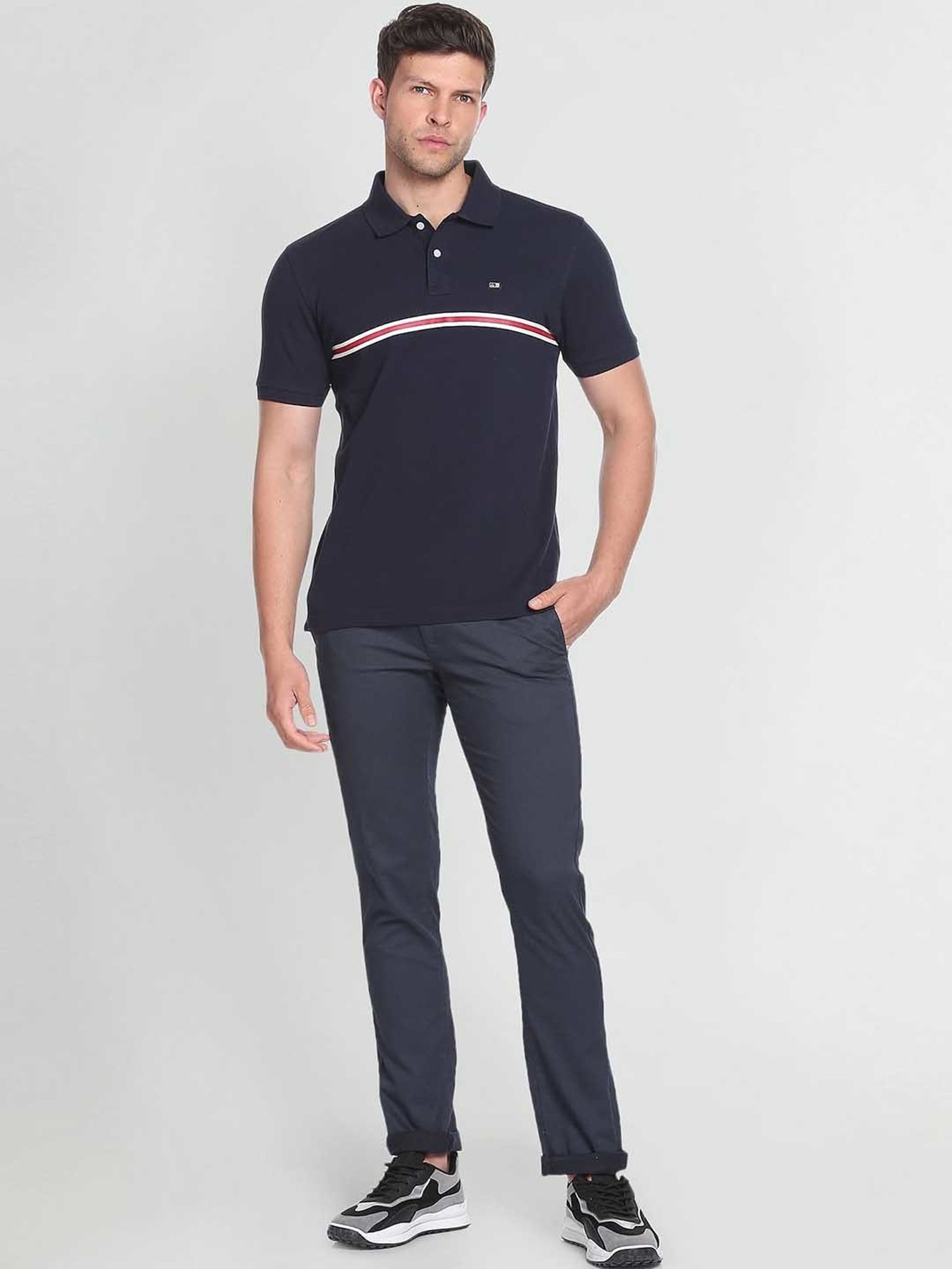 Arrow Sport Navy Blue Cotton Regular Fit Striped Polo T-Shirt