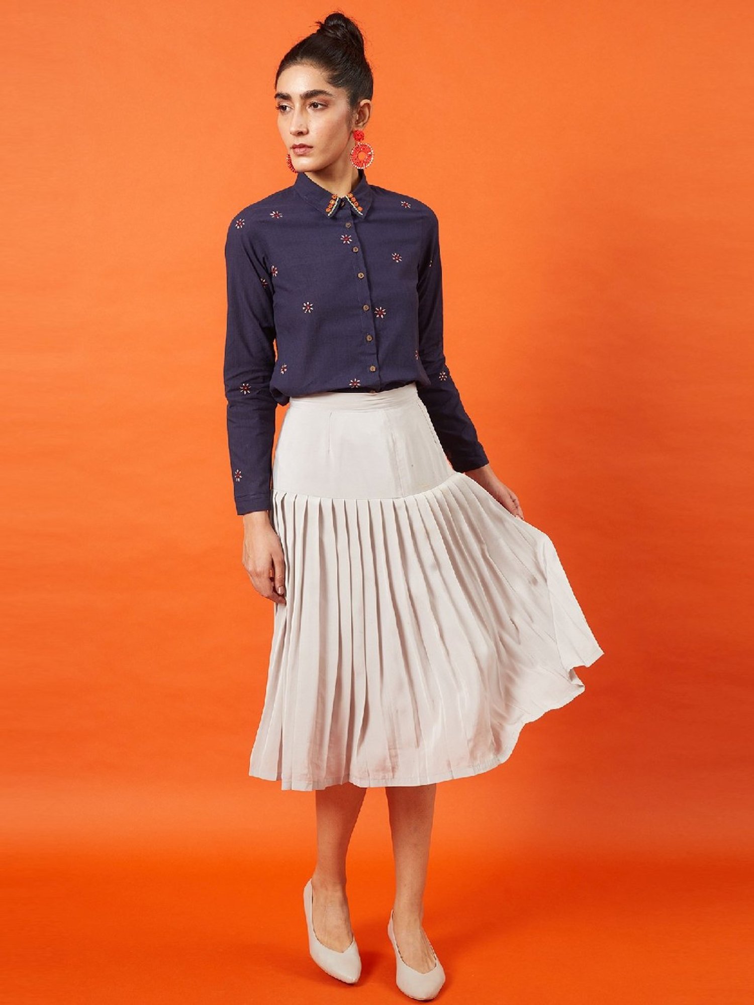 Okhai Noble Woman Navy Pure Cotton Kutch Hand Embroidered Shirt