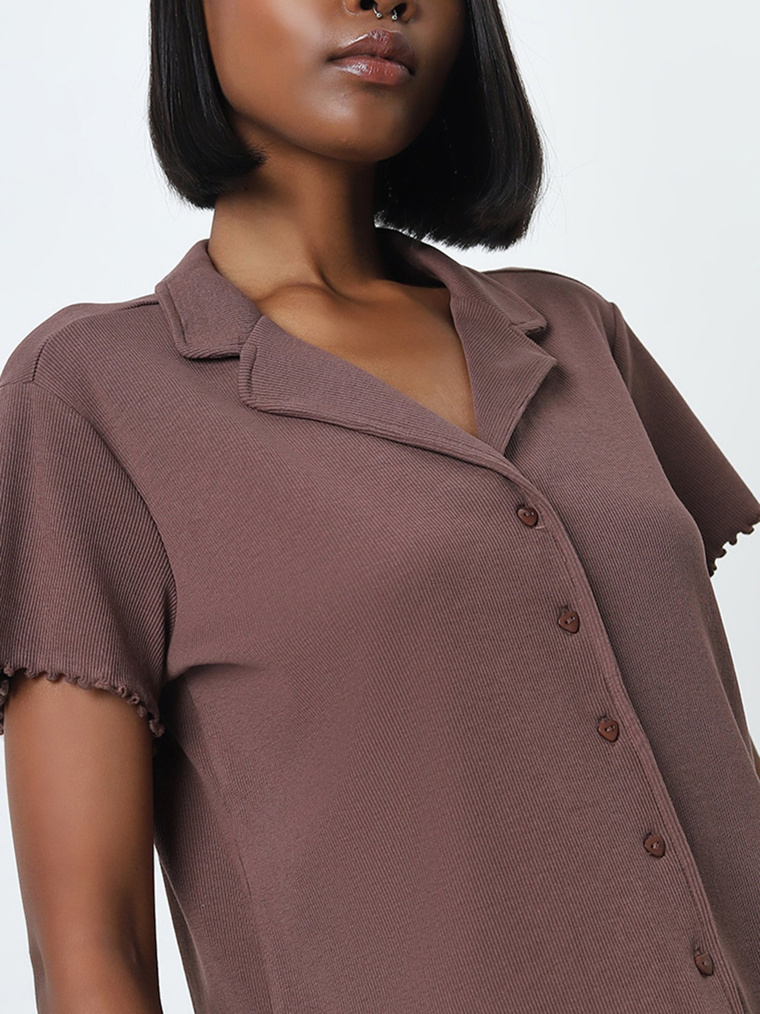 Superstar by Westside Dark Brown Knit-Textured Cotton Blend Shirt