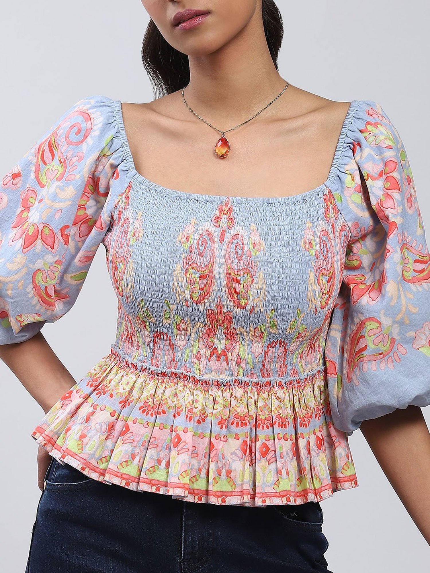 Label Ritu Kumar Blue Floral Print Peplum Top