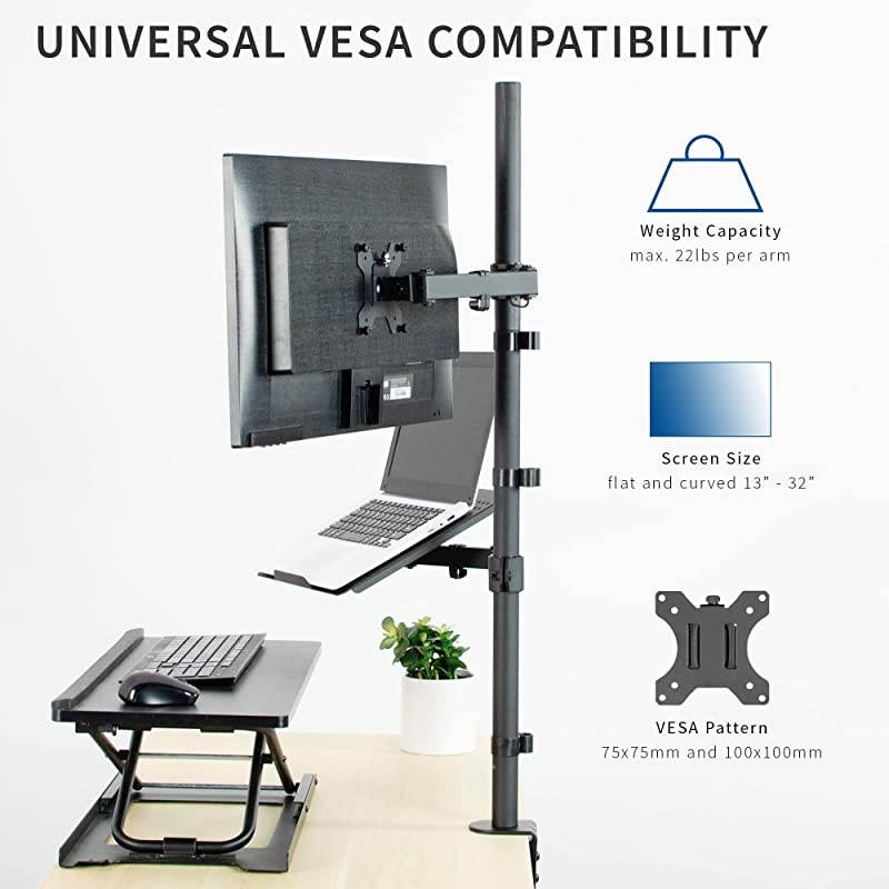 Black Fully Adjustable 13 to 32 inch Single Computer Monitor and Laptop Desk Mount Combo, Stand with Grommet Option, Fits up to 17 inch Laptops STAND-V002C