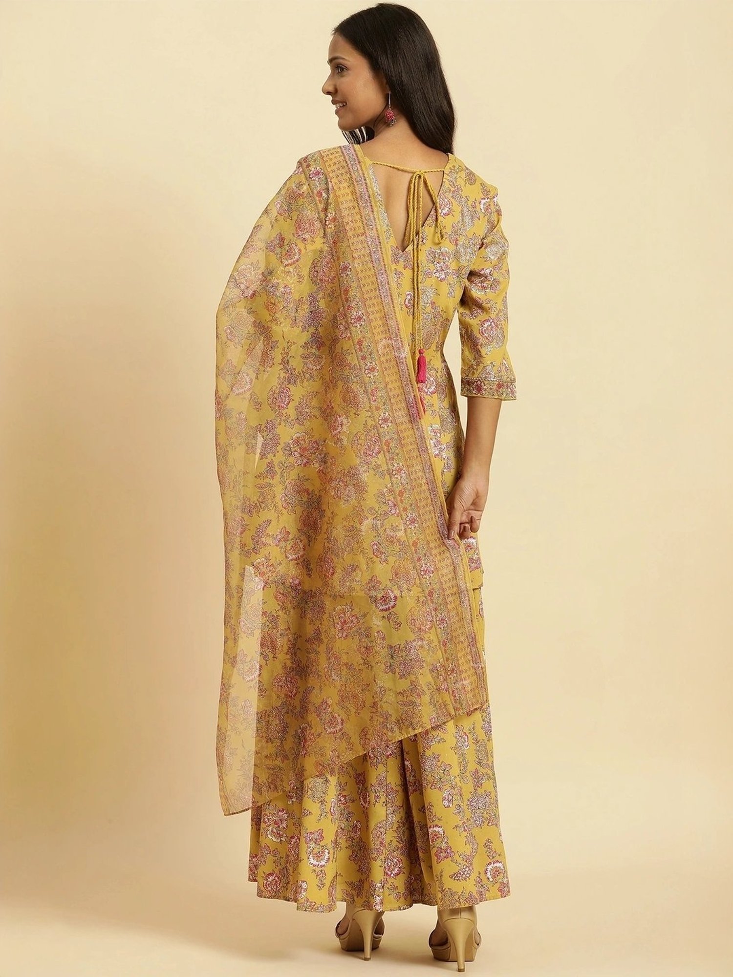 W Yellow Printed Kurti Sharara Set With Dupatta