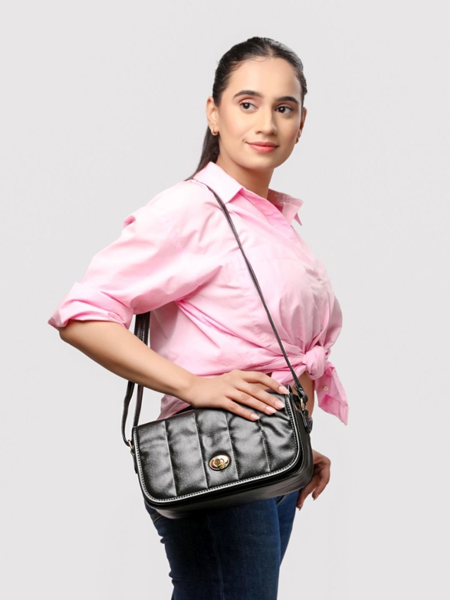 Caprese Poppy Black Faux Leather Quilted Sling Handbag