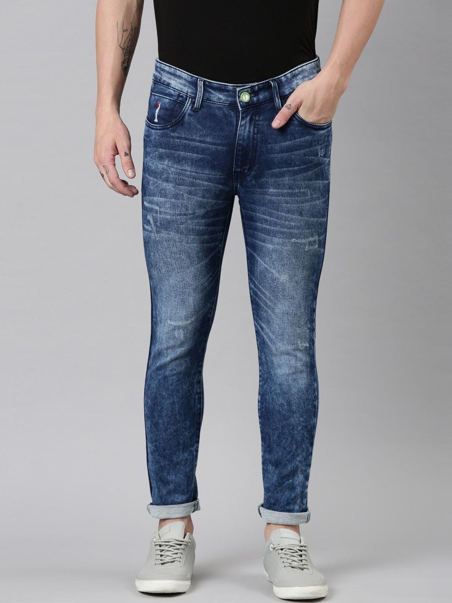 CINOCCI Blue Cotton Slim Fit Distressed Jeans